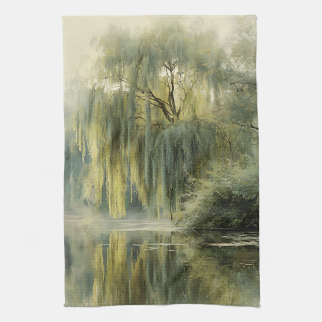 Serene Willow Tree Reflection Nature Art (10) Kitchen Towel (Vertical)