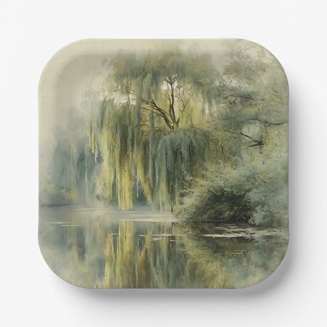 Serene Willow Tree Reflection Nature Art (10) Paper Plates (Front)