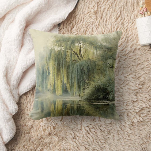 Serene Willow Tree Reflection Nature Art (10) Throw Pillow (Blanket)