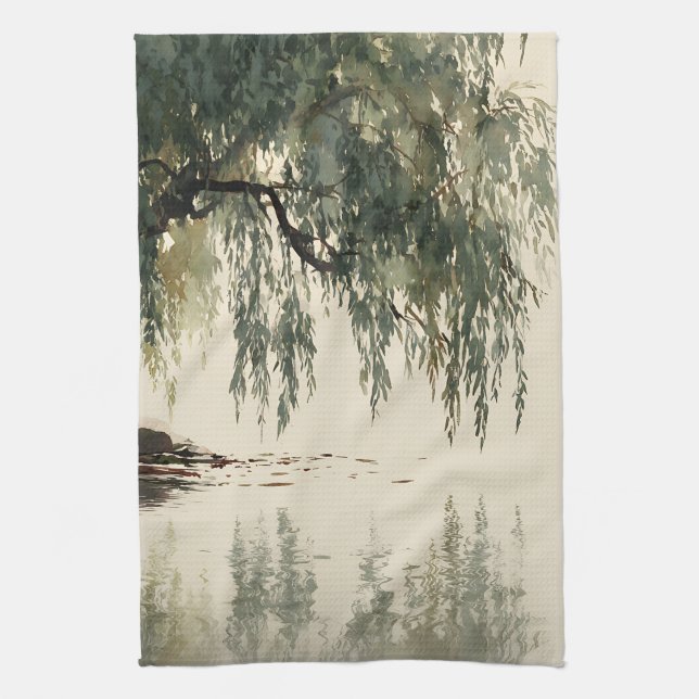 Serene Willow Tree Reflection Nature Art (11) Kitchen Towel (Vertical)