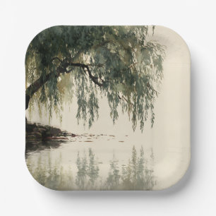 Serene Willow Tree Reflection Nature Art (11) Paper Plates