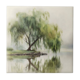 Serene Willow Tree Reflection Nature Art (12) Ceramic Tile