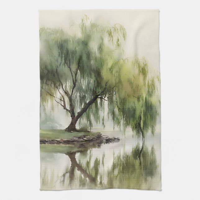Serene Willow Tree Reflection Nature Art (12) Kitchen Towel (Vertical)