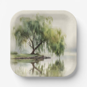 Serene Willow Tree Reflection Nature Art (12) Paper Plates