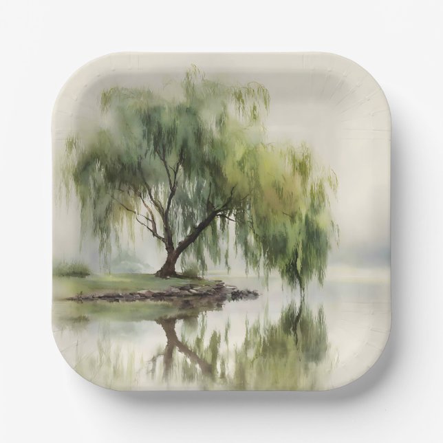 Serene Willow Tree Reflection Nature Art (12) Paper Plates (Front)