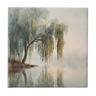 Serene Willow Tree Reflection Nature Art (13) Ceramic Tile