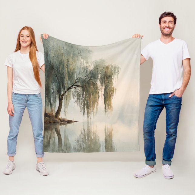 Serene Willow Tree Reflection Nature Art (13) Fleece Blanket (In Situ)
