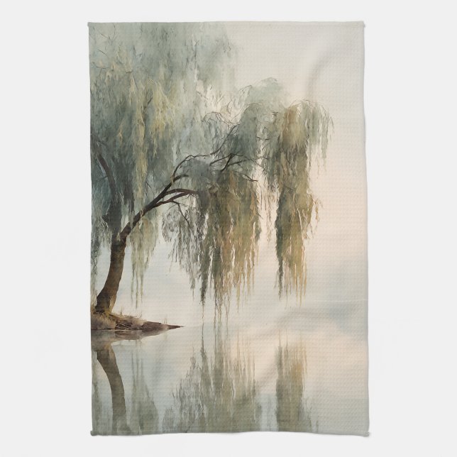 Serene Willow Tree Reflection Nature Art (13) Kitchen Towel (Vertical)