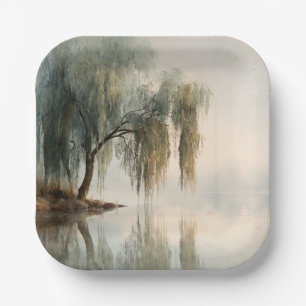 Serene Willow Tree Reflection Nature Art (13) Paper Plates