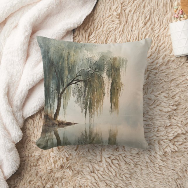 Serene Willow Tree Reflection Nature Art (13) Throw Pillow (Blanket)