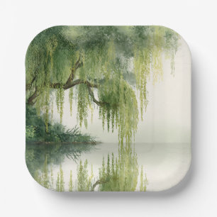 Serene Willow Tree Reflection Nature Art (14) Paper Plates