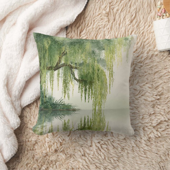 Serene Willow Tree Reflection Nature Art (14) Throw Pillow (Blanket)