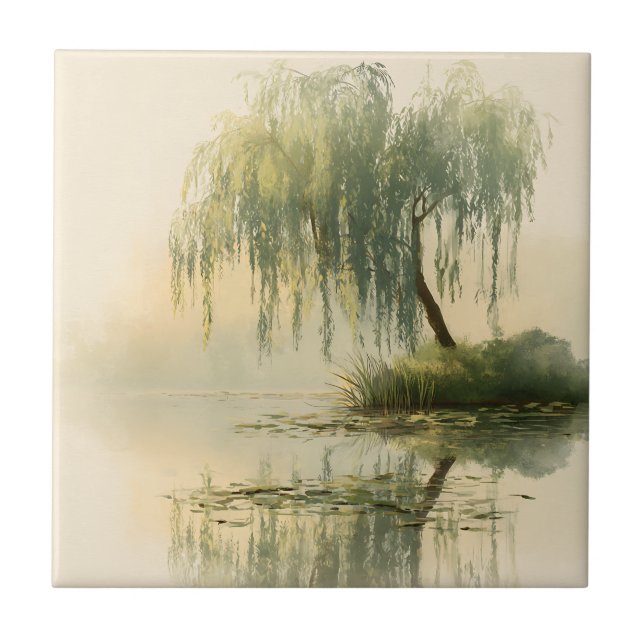 Serene Willow Tree Reflection Nature Art (1) Ceramic Tile (Front)