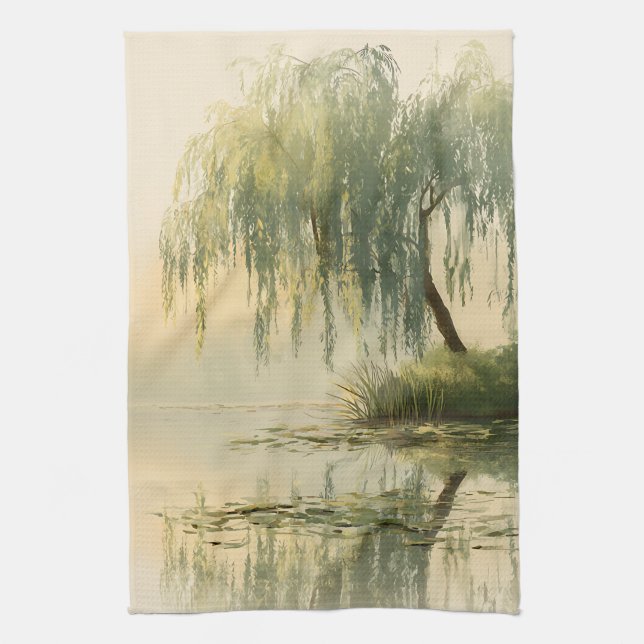 Serene Willow Tree Reflection Nature Art (1) Kitchen Towel (Vertical)
