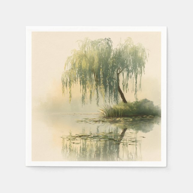 Serene Willow Tree Reflection Nature Art (1) Napkins (Front)