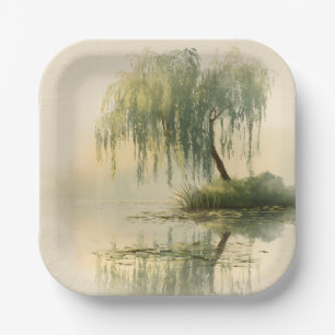 Serene Willow Tree Reflection Nature Art (1) Paper Plates