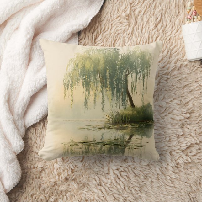 Serene Willow Tree Reflection Nature Art (1) Throw Pillow (Blanket)