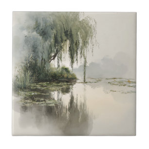Serene Willow Tree Reflection Nature Art (2) Ceramic Tile