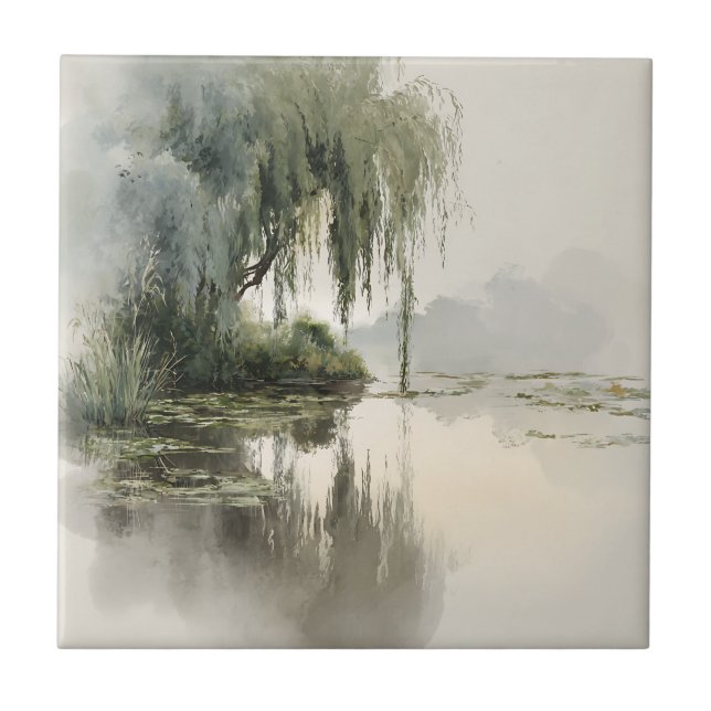 Serene Willow Tree Reflection Nature Art (2) Ceramic Tile (Front)
