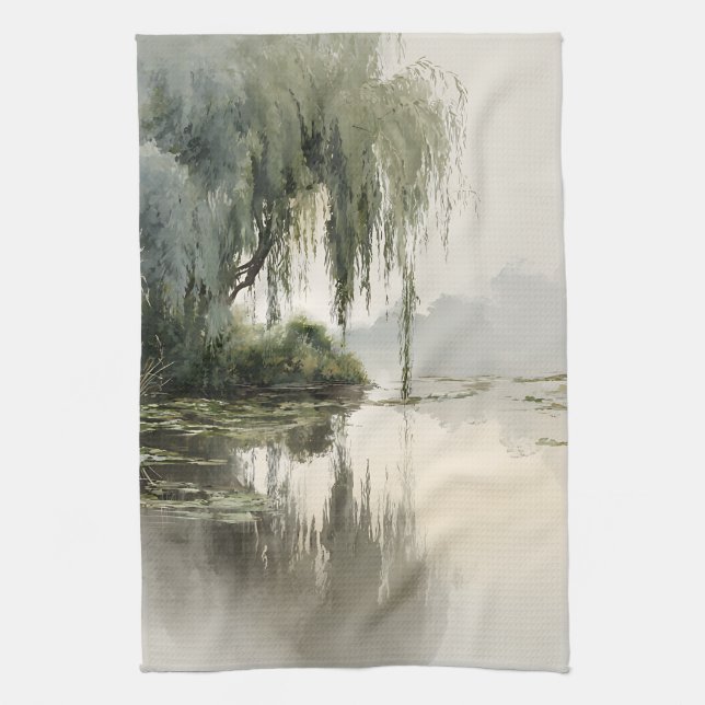 Serene Willow Tree Reflection Nature Art (2) Kitchen Towel (Vertical)