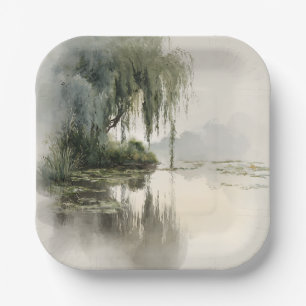 Serene Willow Tree Reflection Nature Art (2) Paper Plates