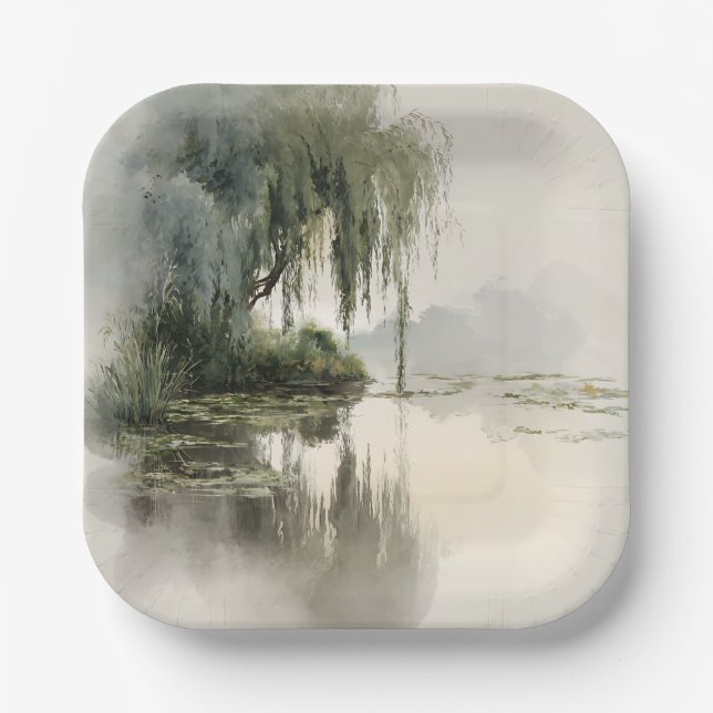 Serene Willow Tree Reflection Nature Art (2) Paper Plates (Front)