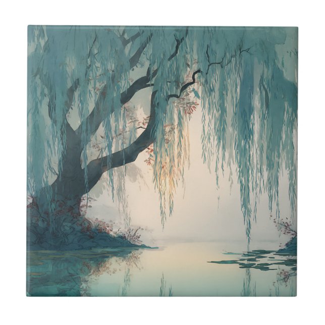 Serene Willow Tree Reflection Nature Art (3) Ceramic Tile (Front)
