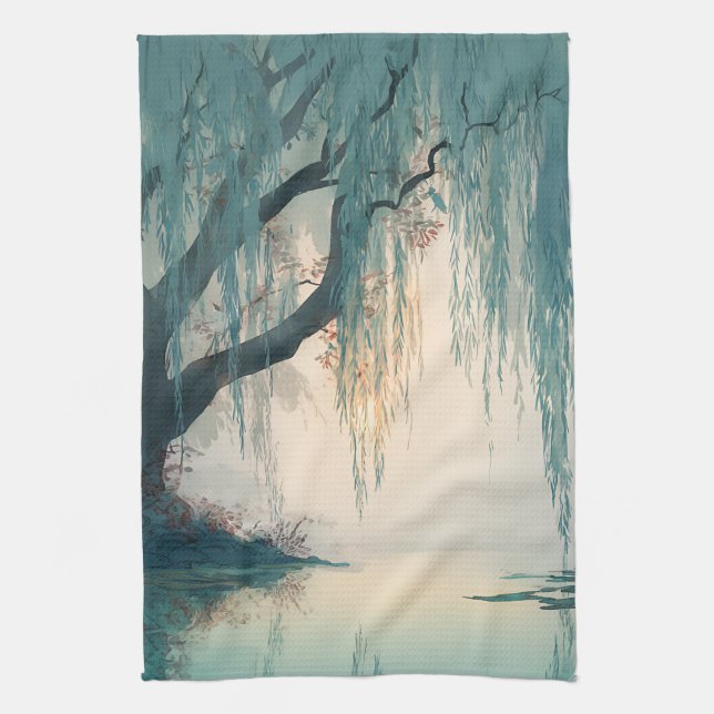 Serene Willow Tree Reflection Nature Art (3) Kitchen Towel (Vertical)