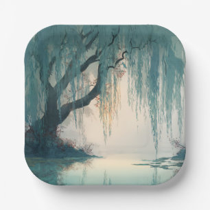 Serene Willow Tree Reflection Nature Art (3) Paper Plates