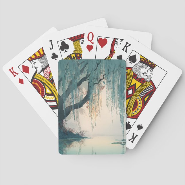 Serene Willow Tree Reflection Nature Art (3) Poker Cards (Back)