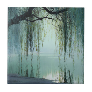 Serene Willow Tree Reflection Nature Art (4) Ceramic Tile