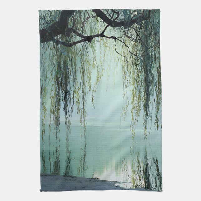 Serene Willow Tree Reflection Nature Art (4) Kitchen Towel (Vertical)