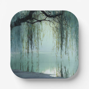 Serene Willow Tree Reflection Nature Art (4) Paper Plates
