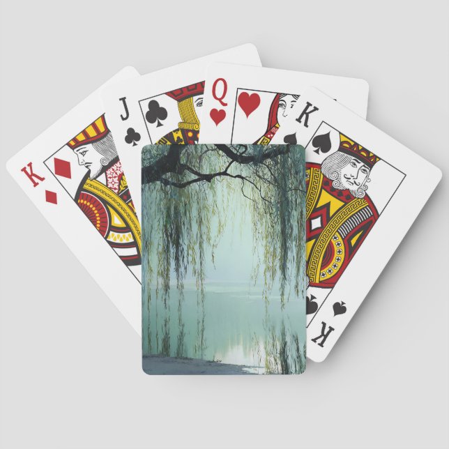 Serene Willow Tree Reflection Nature Art (4) Poker Cards (Back)