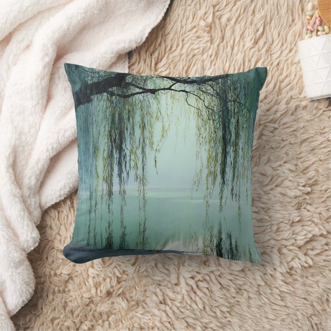 Serene Willow Tree Reflection Nature Art (4) Throw Pillow (Blanket)