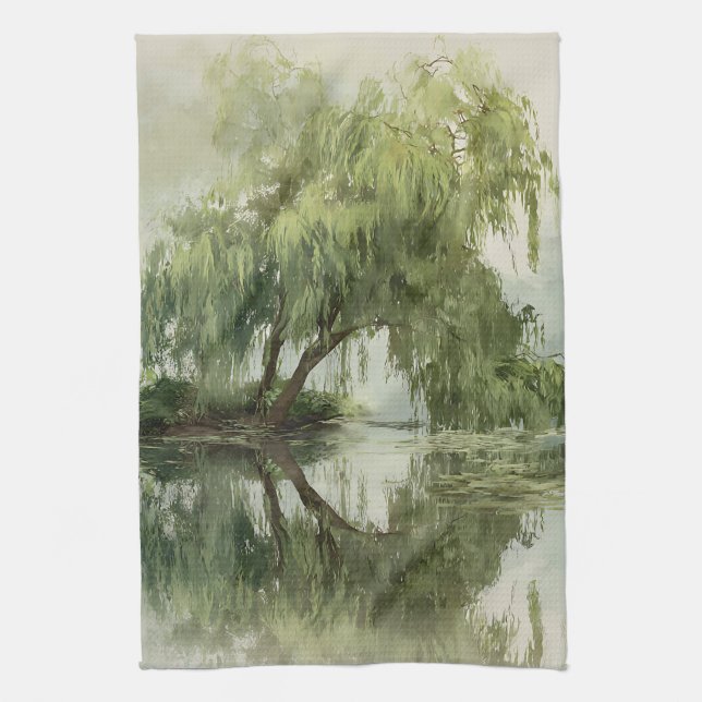 Serene Willow Tree Reflection Nature Art (5) Kitchen Towel (Vertical)