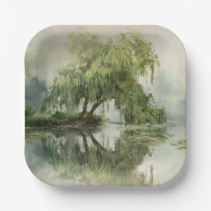 Serene Willow Tree Reflection Nature Art (5) Paper Plates