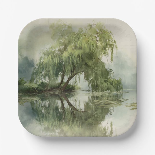 Serene Willow Tree Reflection Nature Art (5) Paper Plates (Front)
