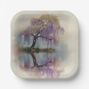 Serene Willow Tree Reflection Nature Art (6) Paper Plates