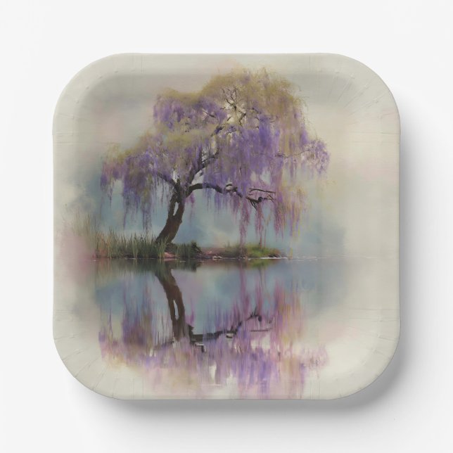 Serene Willow Tree Reflection Nature Art (6) Paper Plates (Front)