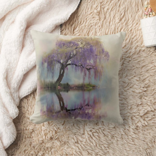 Serene Willow Tree Reflection Nature Art (6) Throw Pillow (Blanket)