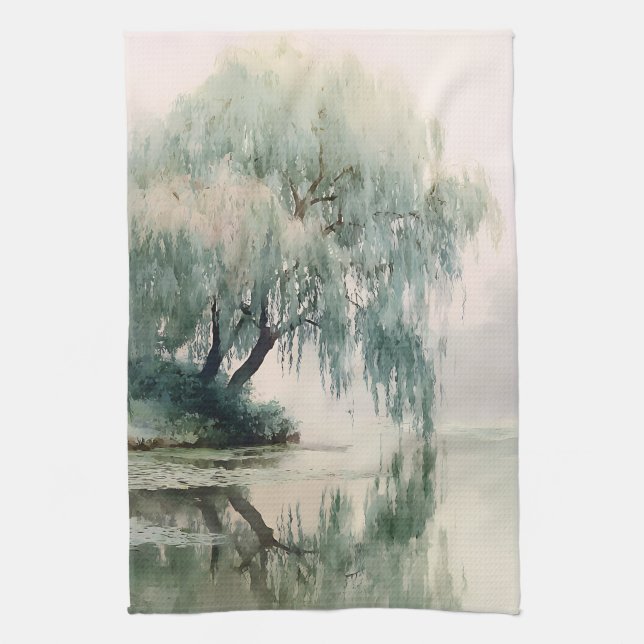 Serene Willow Tree Reflection Nature Art (7) Kitchen Towel (Vertical)