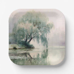 Serene Willow Tree Reflection Nature Art (7) Paper Plates
