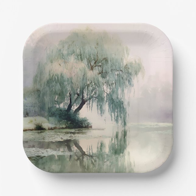 Serene Willow Tree Reflection Nature Art (7) Paper Plates (Front)