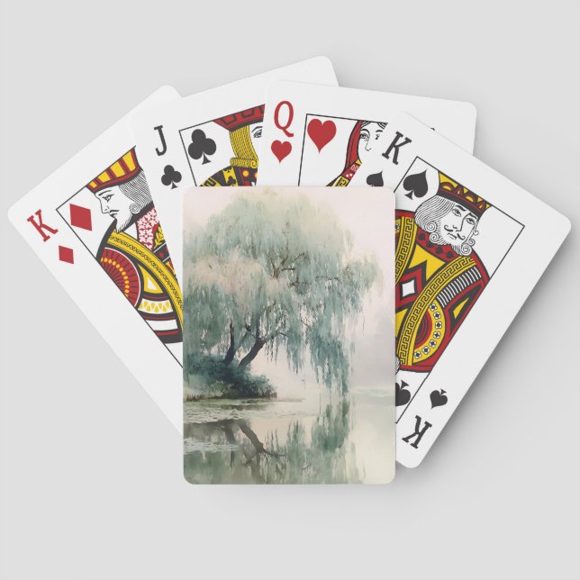 Serene Willow Tree Reflection Nature Art (7) Poker Cards (Back)
