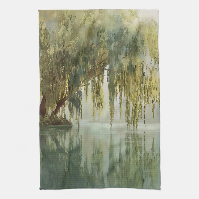 Serene Willow Tree Reflection Nature Art (8) Kitchen Towel (Vertical)