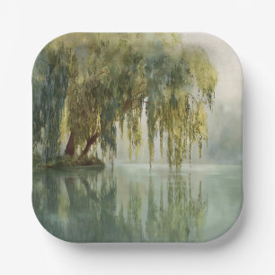 Serene Willow Tree Reflection Nature Art (8) Paper Plates
