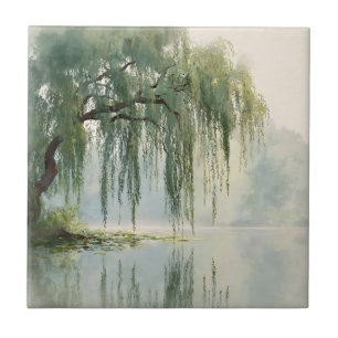 Serene Willow Tree Reflection Nature Art (9) Ceramic Tile