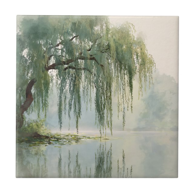 Serene Willow Tree Reflection Nature Art (9) Ceramic Tile (Front)
