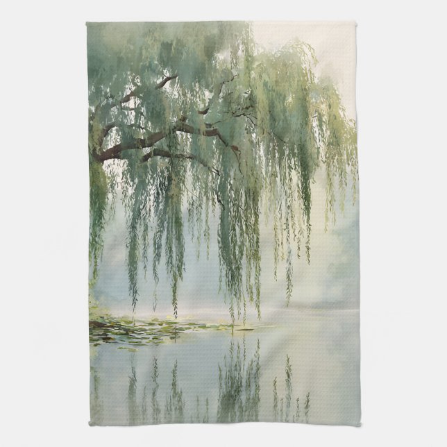 Serene Willow Tree Reflection Nature Art (9) Kitchen Towel (Vertical)